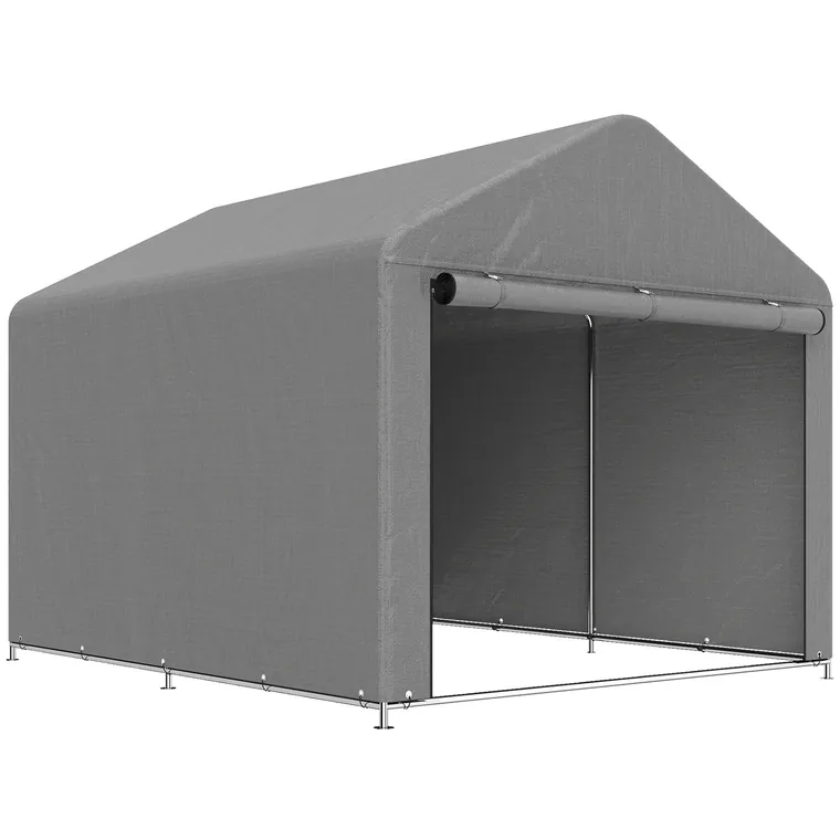 Outsunny 2x2.4 m Cort pentru Depozitare în Grădină, Cort Garaj cu Acoperire Impermeabilă, Ușă Rulabilă cu Fermoar, pentru Biciclete și Unelte, Metal Zincat, Gri Deschis | Aosom Romania