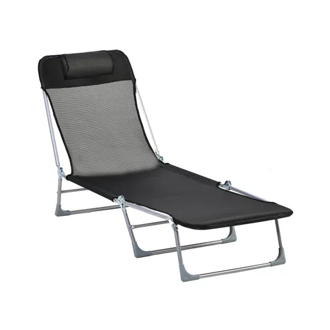 Outsunny Șezlong Pliabil cu Spătar Reglabil pe 5 Nivele și Pernă, Șezlong de Grădină cu Material Respirabil Textilen, pentru Plajă, Piscină, Grădină, 182x56x28 cm, Negru | Aosom Romania