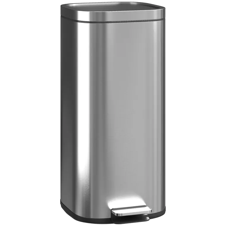Coș de Gunoi HOMCOM de 30L cu Închidere Amortizată și Găleată Detașabilă, Pedală din Metal și PP, 29x36x59,5 cm, Argintiu | Aosom Romania