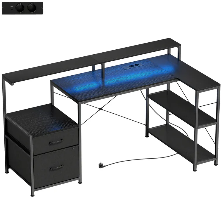 HOMCOM Birou Gaming în formă de L cu prize multiple, LED-uri, 165x80 cm, birou PC cu 2 sertare din material textil, 2 rafturi deschise, măsuță laterală și 2 suporturi monitor, din PAL și oțel, Negru | Aosom Romania