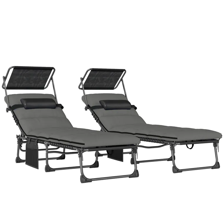Outsunny Set de 2 șezlonguri pliante cu copertină, șezlonguri înclinabile cu pernă, buzunar lateral și mâner de transport, gri închis | Aosom Romania