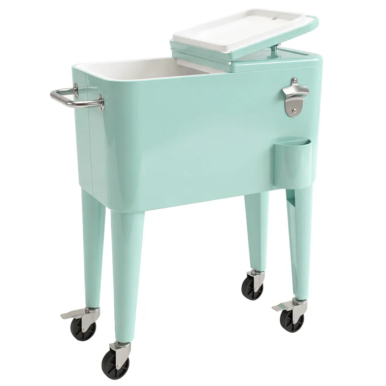Outsunny Cărucior refrigerat pentru băuturi 56L cu roți deschizător colector de capace și mâner pentru curte petrecere 75x35x78 cm Verde deschis | Aosom Romania