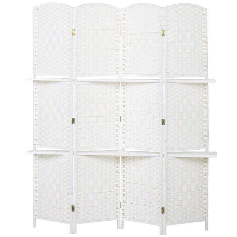 HOMCOM Paravan separator de cameră 4 panouri 160 x170 cm cu 2 rafturi, pliabil, din lemn | Aosom Romania