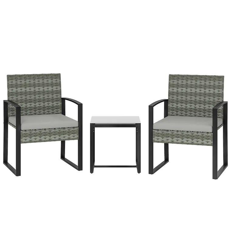 Outsunny Set bistro din ratan, set mobilier de grădină 3 piese cu 2 scaune de grădină, masă de cafea, perne detașabile Gri deschis | Aosom Romania
