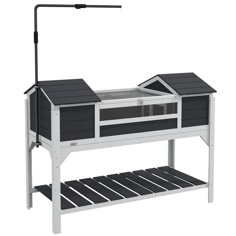 PawHut Casă pentru țestoase terestre de exterior incintă pentru țestoase 2 ascunzători suport de lampă reglabil lemn masiv 122 x 56,5 x 93 cm gri | Aosom Romania