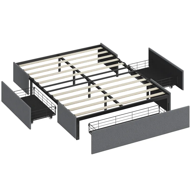HOMCOM Pat cu spațiu de depozitare 140 x 190 cm, cadru de pat dublu tapițat cu 3 sertare, somier cu lamele LVL, fără zgomot, gri | Aosom Romania