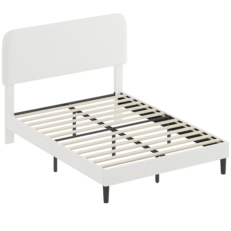 HOMCOM Cadru de pat 140x190cm cu somieră, tăblie reglabilă, pat dublu tapițat în velur Teddy, lamele metalice, alb | Aosom Romania