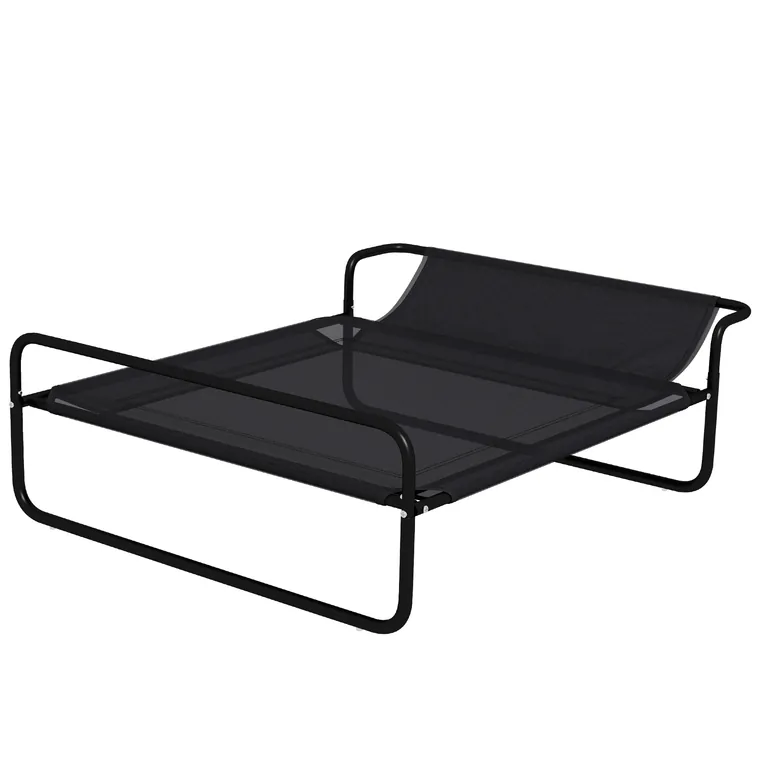 PawHut Pat Ridicat pentru Câini, Pat de Camping pentru Câini și Pisici cu Tetieră, Material Texteline Respirabil, pentru Interior și Exterior, 106 x 81 x 33 cm, Negru | Aosom Romania