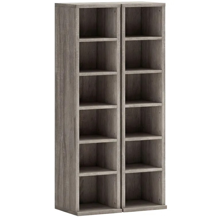 HOMCOM Set de 2 Dulapuri pentru CD-uri cu Polițe Reglabile, Raft pentru 204 CD-uri Economisitor de Spațiu, Dulap Media cu 12 Compartimente, pentru Living, Dormitor, Birou, 21x22,5x88,5cm, Gri Antichizat | Aosom Romania