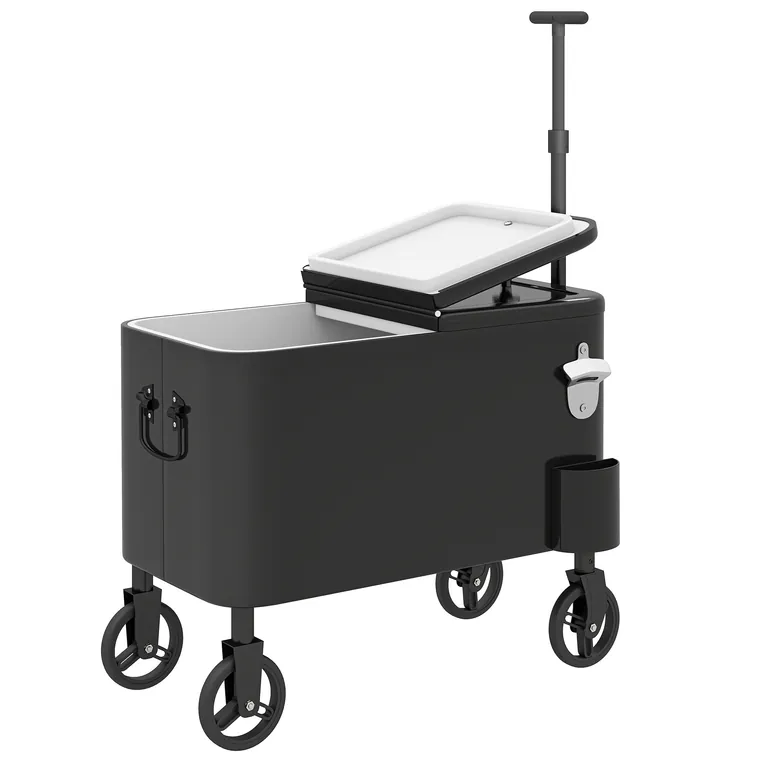 Outsunny Cărucior frigorific 56L cu roți mâner reglabil deschizător colector de capace scurgere și mâner 75x35x120 cm Negru | Aosom Romania