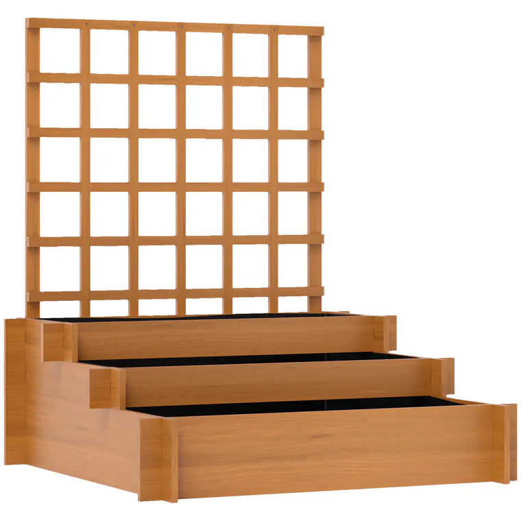 Outsunny Jardinieră cu 3 Niveluri și Grilaj pentru Plante Cățărătoare, Straturi Ridicate din Lemn, 95x95x110cm, Natural | Aosom Romania