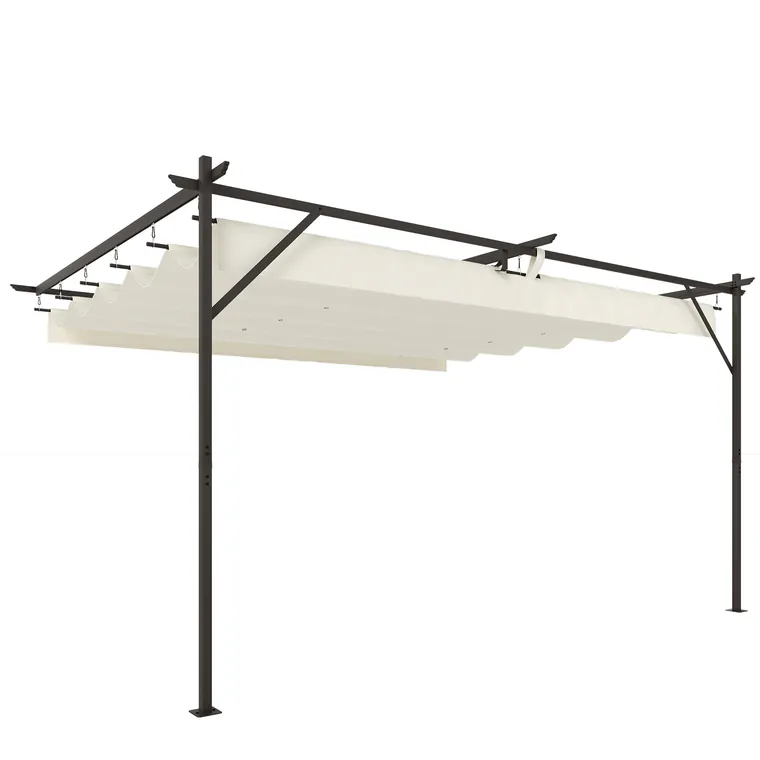 Outsunny Pergolă Montată pe Perete 3x4 m cu Acoperiș Retractabil Glisant, Găuri de Drenaj, Pergolă de Grădină din Poliester și Oțel, pentru Terasă, Grădină, Exterior, UV30+, Crem | Aosom Romania