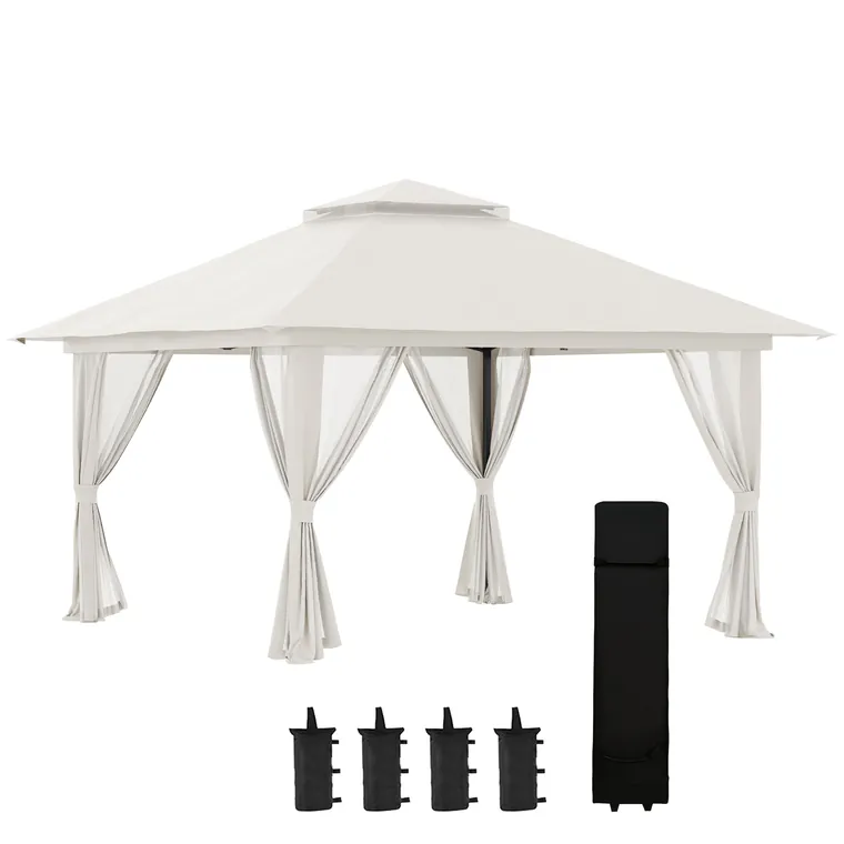 Outsunny Pavilion Pliabil Pop-Up 4x4 m cu Înălțime Reglabilă pe 3 Niveluri, Pavilion Exterior cu Plasă de Țânțari, Saci de Nisip, Geantă de Transport, UV50+, pentru Grădină Camping Petreceri, Crem | Aosom Romania
