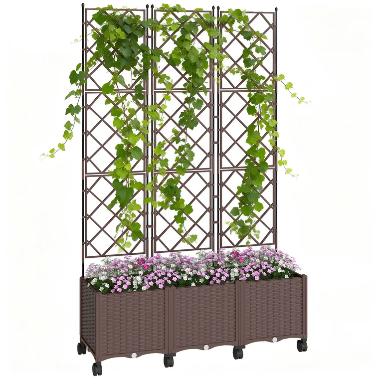 Outsunny Jardinieră Înălțată cu Grilaj 130L, Pat pentru Grădină Înălțat de Exterior cu Roți Blocabile, Sistem de Autoirigare, Găuri de Drenaj pentru Plante Cățărătoare, Legume, Flori, Maro | Aosom Romania