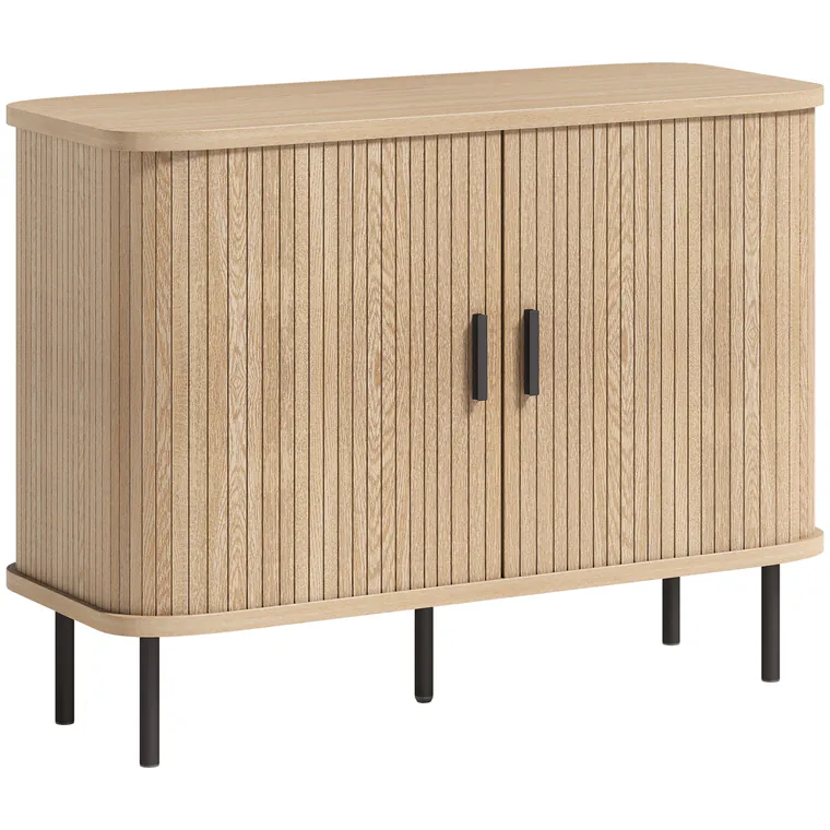 HOMCOM Bufet pentru living, corp de depozitare cu 2 uși culisante tambur cu lamele și 4 compartimente, stejar | Aosom Romania