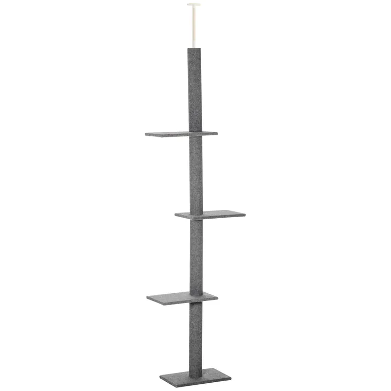 PawHut Stâlp de Zgâriat pentru Pisici pe 4 Niveluri și Fixare pe Tavan Reglabil, 43x27x228-260 cm, Gri | Aosom Romania