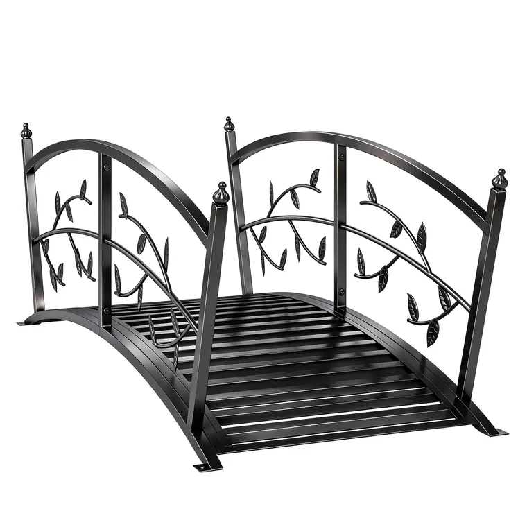 Outsunny Pod de Grădină Metalic 1,2 m Pod Decorativ pentru Iaz cu Balustrade de Siguranță și Design cu Frunze Negru | Aosom Romania