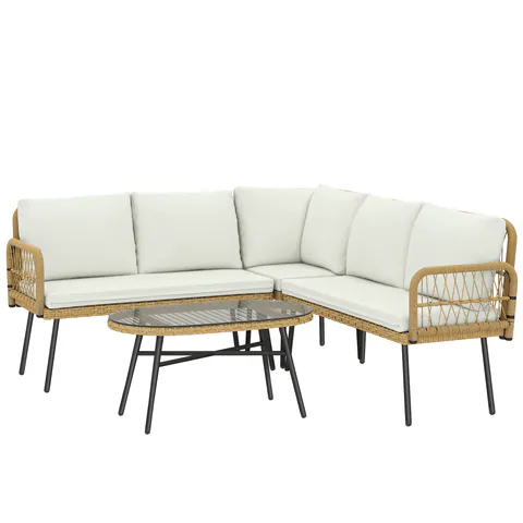 Outsunny Set Mobilier Grădină din Ratan, 4 Piese în Formă de L, cu 2 Canapele, Colțar, Măsuță de Cafea și Perne, Cadru din Oțel, pentru Balcon sau Terasă, Natural/Crem | Aosom Romania