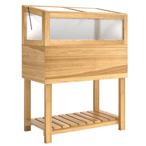 Outsunny Jardinieră înaltă cu seră din lemn, ladă de plantare ridicată cu capac rabatabil, raft, material nețesut, ergonomic | Aosom Romania
