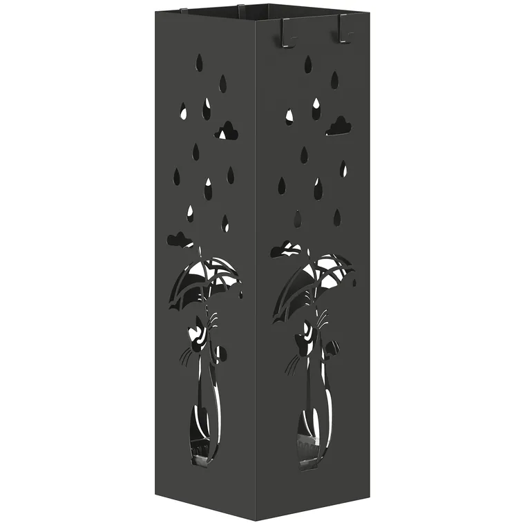 HOMCOM Suport de Umbrele Pătrat din Metal pentru Intrare, Suport Autoportant cu Tavă Detașabilă și 4 Cârlige, pentru Interior și Exterior, 15.5x15.5x49 cm, Negru | Aosom Romania