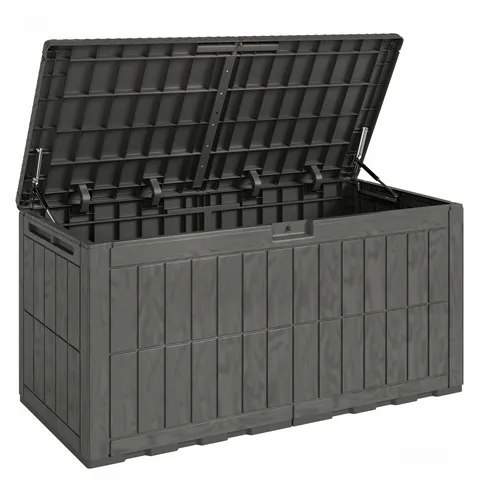 Outsunny Cufăr Exterior Capacitate 440 L din Rășină Rezistentă la Apă și Razele UV cu Capac Blocabil Bare cu Gaz Cafeniu | Aosom Romania