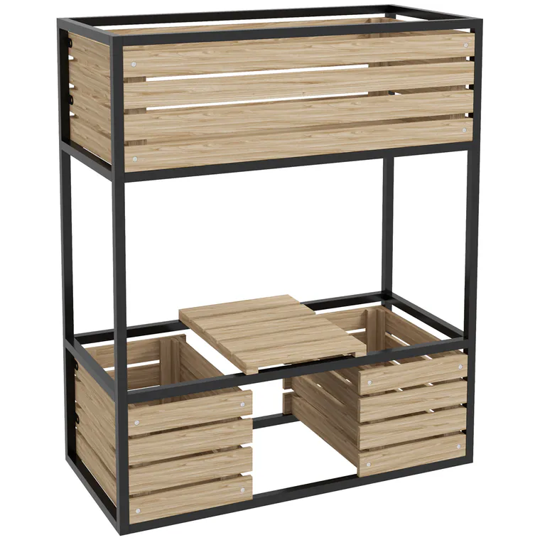 Outsunny Casetă de plantare, scară pentru flori, jardinieră înaltă, rezistentă la intemperii, 3 ghivece, 83 cm x 39 cm x 100 cm, natur + negru | Aosom Romania