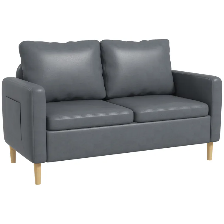HOMCOM Canapea 2 locuri Tapițată în Poliester cu 2 Buzunare Laterale, Brațere și Picioare din Lemn 143x76x83 cm Gri | Aosom Romania