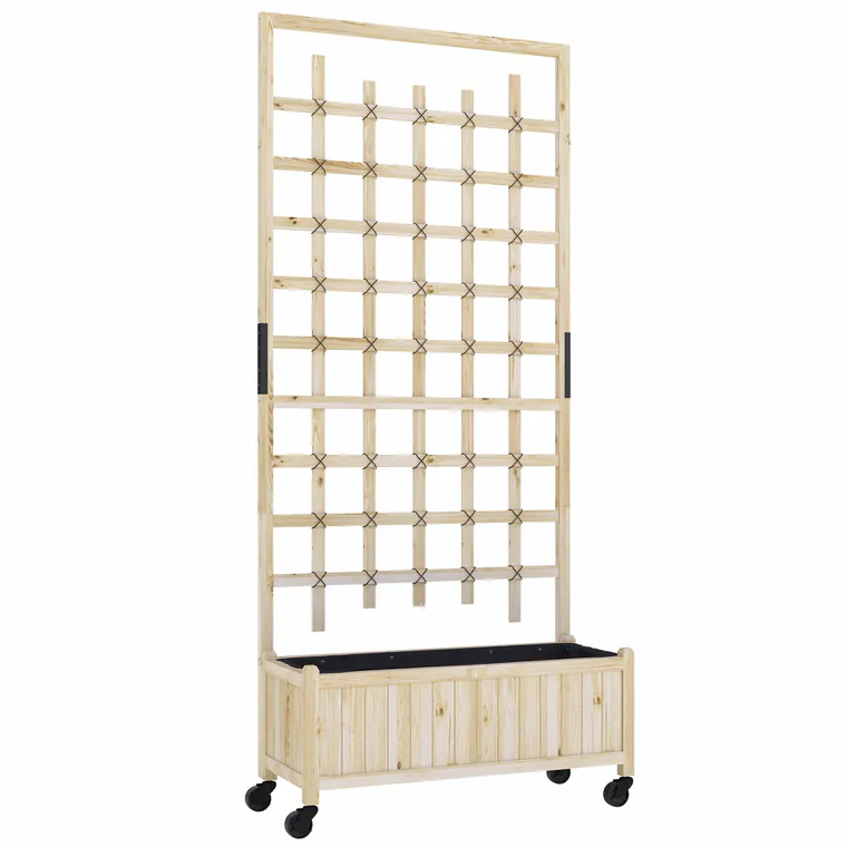 Outsunny Jardinieră cu spalier, ghiveci pe roți, pentru plante agățătoare, lemn masiv, 82,5x35x186cm, lemn natural | Aosom Romania