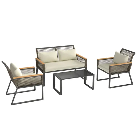 Outsunny Set mobilier de grădină din polyrattan pentru 4 persoane, rezistent la intemperii, set balcon cu canapea 2 locuri, 2 scaune, masă cu sticlă, perne Bej | Aosom Romania