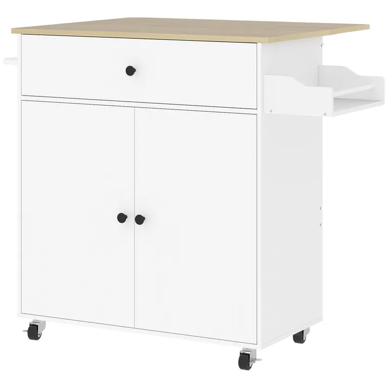 HOMCOM Insulă de Bucătărie cu Sertar, Dulap, Suport pentru Condimente și Suport pentru Prosoape, 106x42x87 cm, Alb și Stejar | Aosom Romania