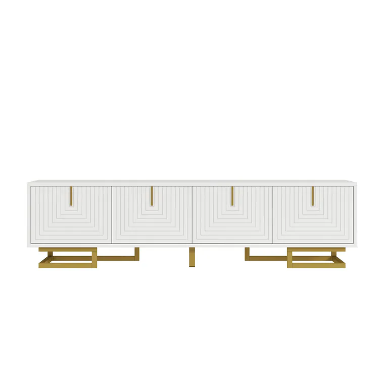 Comodă TV, mânere și picioare aurii, picioare reglabile, 160x38x44,5 cm, Alb