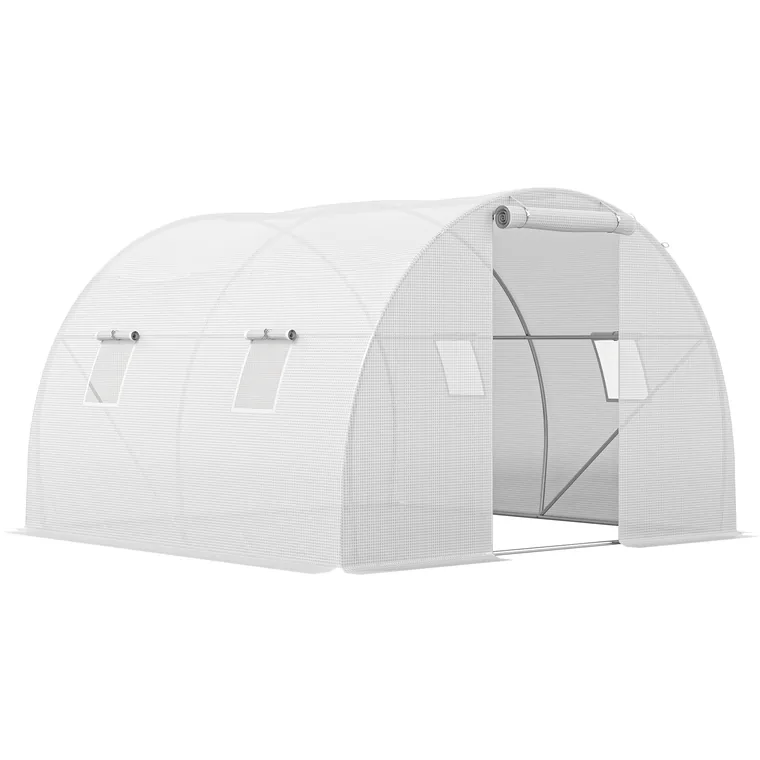 Outsunny Seră de grădină tunel 9 m² 4 ferestre, ușă rulou cu fermoar cadru oțel galvanizat, prelată PE 3 x 3 x 2 m alb | Aosom Romania