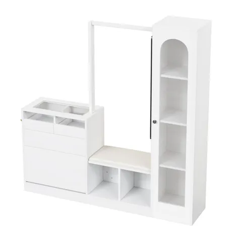 Combinație 6-în-1 pentru intrare cu iluminare LED, set cuier, masă de toaletă, bancă pentru pantofi, dulap rabatabil pentru pantofi și vitrină din sticlă, 163x35x161 cm, Alb