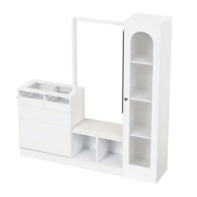 Combinație 6-în-1 pentru intrare cu iluminare LED, set cuier, masă de toaletă, bancă pentru pantofi, dulap rabatabil pentru pantofi și vitrină din sticlă, 163x35x161 cm, Alb