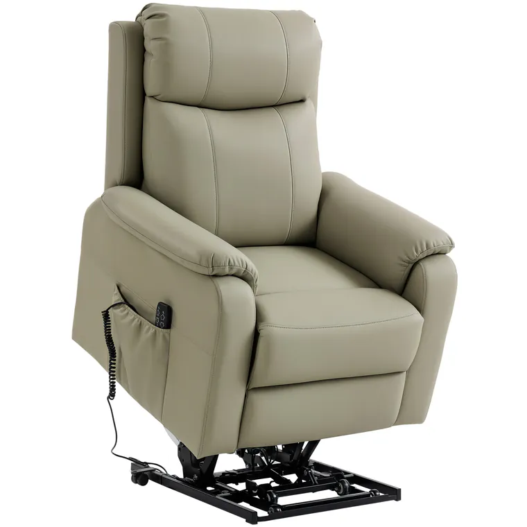 HOMCOM Fotoliu Electric cu Funcție de Ridicare Rabatabil 170° din Piele Ecologică Respirabilă cu 2 Motoare, Telecomandă, 4 Roți, Frână, Suport Picioare, Buzunare Laterale, Crem | Aosom Romania