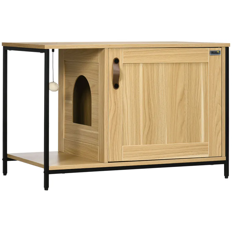 PawHut Casă Toaletă pentru Pisici, cu ușă de intrare laterală și minge suspendată, Oțel Negru și Lemn, 80 x 48 x 55 cm | Aosom Romania