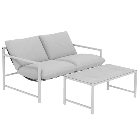 Outsunny Set mobilier de grădină exterior 2 piese, canapea cu perne, masă de cafea cu blat din sticlă securizată marmorat 3D, 125x80x64cm, gri deschis | Aosom Romania