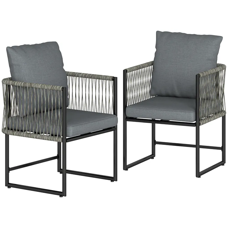 Outsunny Set 2 scaune de grădină rezistente la intemperii din oțel și PE-Rattan cu pernă cotieră spătar 52x52x66 cm Gri închis | Aosom Romania