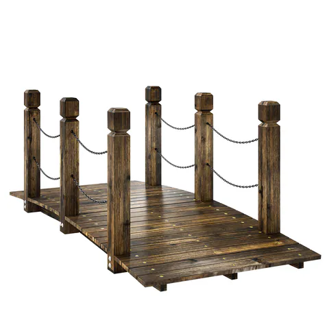 Outsunny Pod de Grădină din Lemn 1,51 m Pod Decorativ pentru Iaz Rustic cu Balustrade de Siguranță Carbonizat | Aosom Romania