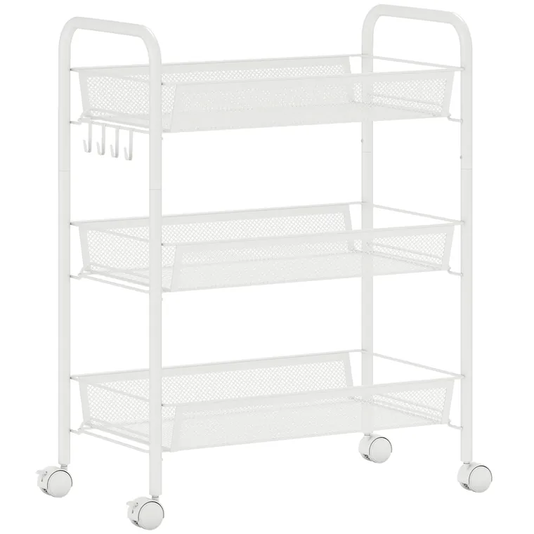 HOMCOM Cărucior cu 3 niveluri cu coșuri etajeră pe roți cărucior de depozitare mobil 45 x 26,5 x 63 cm alb | Aosom Romania