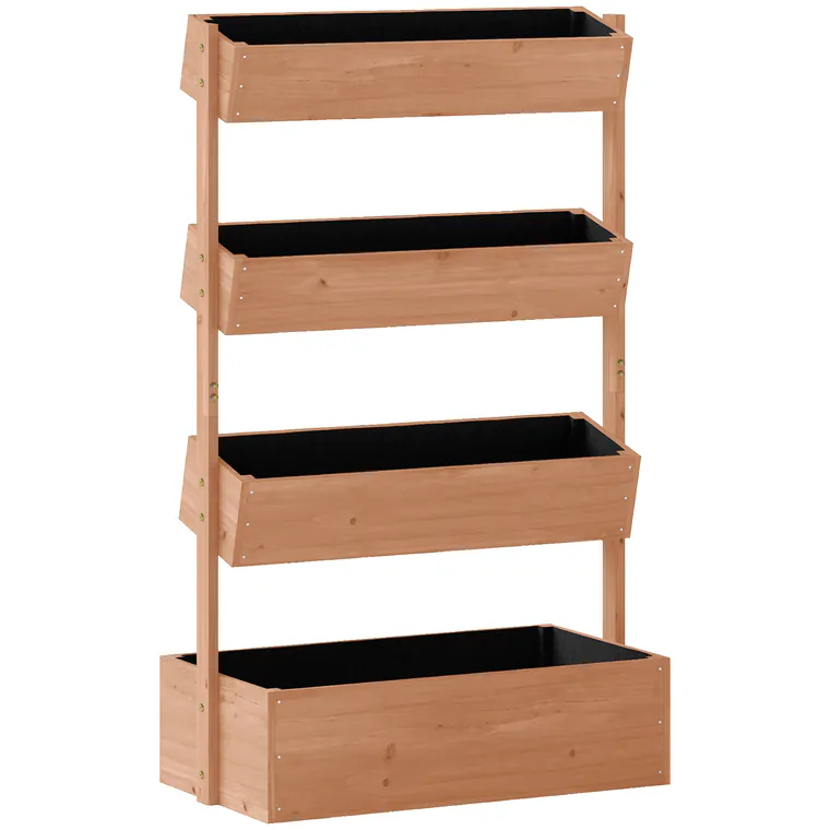 Outsunny Jardinieră din lemn cu 4 niveluri Jardinieră ridicată exterioară cu orificii de drenaj și material nețesut Maro | Aosom Romania