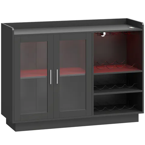 HOMCOM Dulap Port-Sticle cu Lumini LED RGB și Suport pentru 12 Sticle, Dulap pentru Vinuri cu Raft Reglabil și Uși cu Închidere Lentă din Sticlă pentru Casă, Bucătărie și Sufragerie, Negru | Aosom Romania
