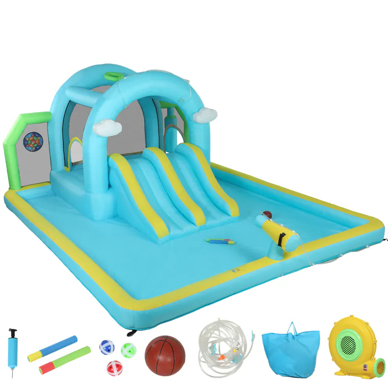 AIYAPLAY Castel Gonflabil Acvatic 7 în 1 cu Suflantă 2 Tobogane Trambulină Piscină Coș Coloană de Box 426x360x198 cm | Aosom Romania