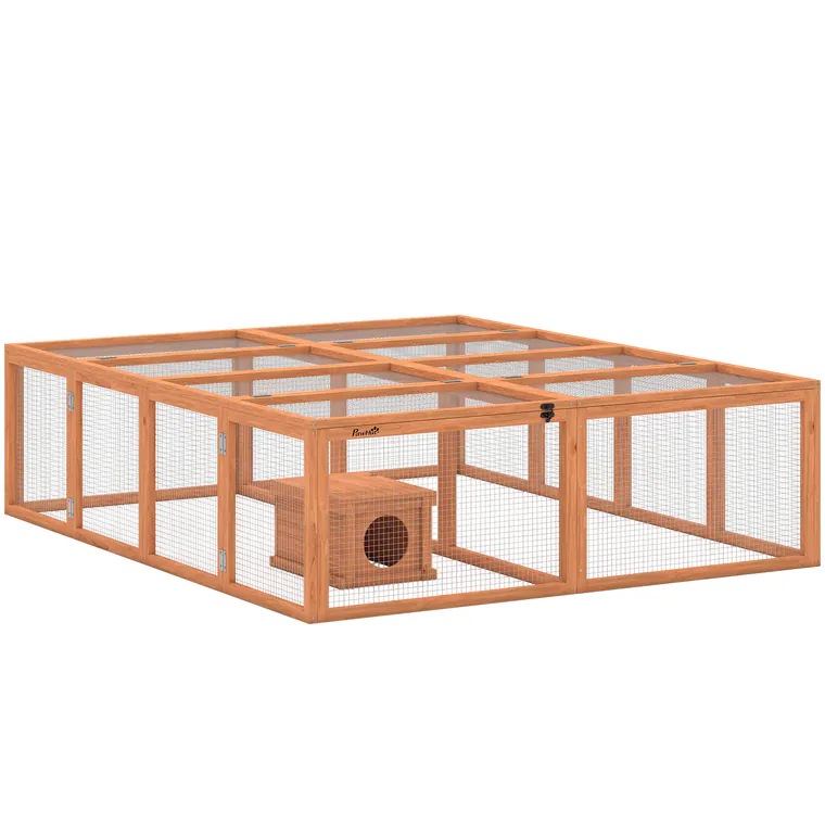 PawHut Tarc liber pentru iepuri din lemn cu 2 uși adăpost pentru 2-4 iepuri pitici 180,4 x 150 x 48 cm Portocaliu | Aosom Romania