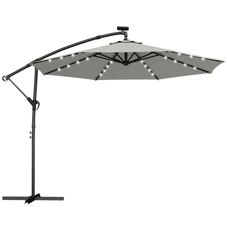 Outsunny Umbrelă cu braț lateral LED Solar aprox. Ø300 cm Rotativă Umbrelă de soare cu manivelă Suport Husă de protecție Gri deschis | Aosom Romania
