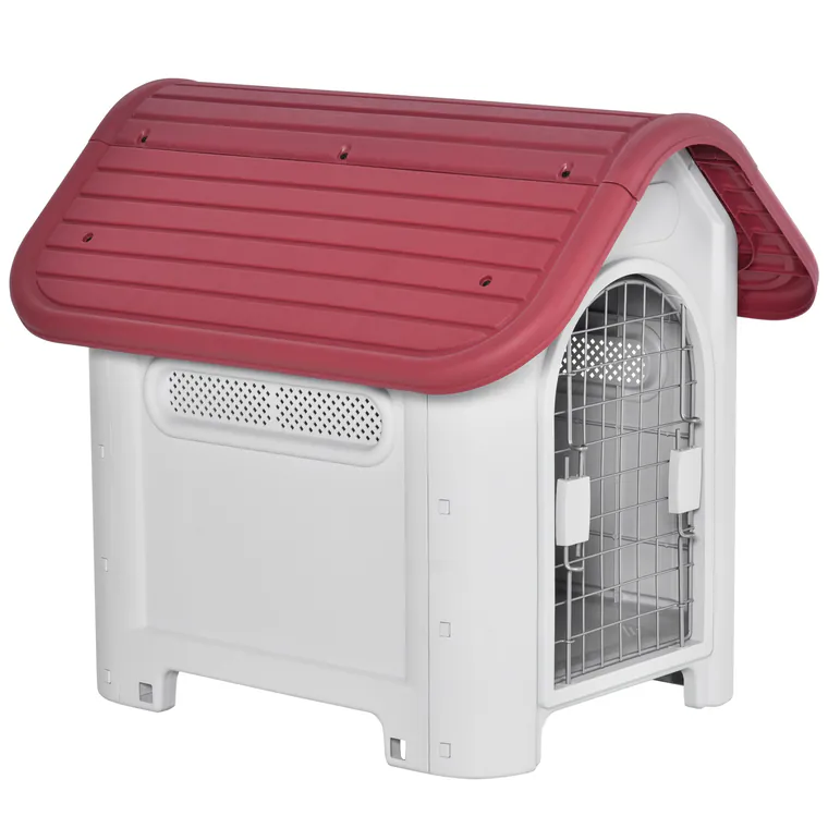 PawHut Cușcă pentru câini exterior și interior ușă dublă din metal și ventilație multiplă 59 x 75 x 66 cm roșu | Aosom Romania
