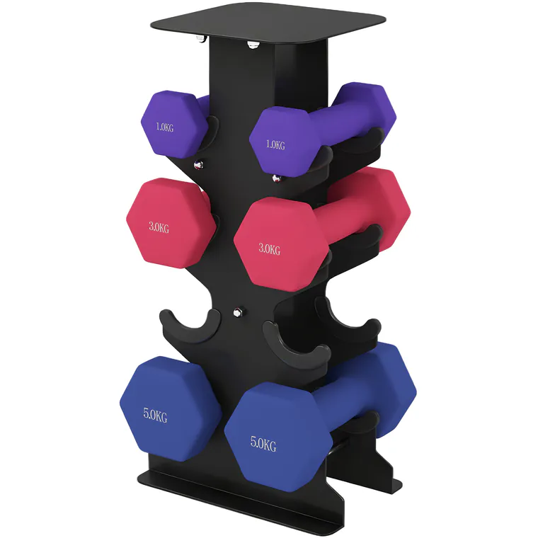 SPORTNOW Set gantere 3 perechi cu suport de depozitare, mânere antiderapante, 1-5 kg, hexagon | Aosom Romania