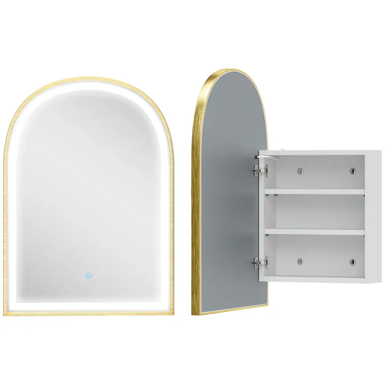 HOMCOM Dulap de perete pentru baie cu oglindă și iluminare LED, ușă arcuită, anti-abur, 50x14,5x70cm, auriu | Aosom Romania