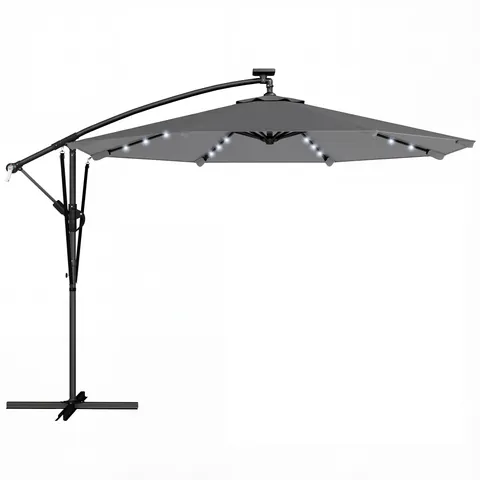 Outsunny Umbrelă Excentrică cu Lumină LED Solară 330x295 cm Umbrelă cu Bază Încrucișată Manivelă Husă Protectoare Gri Închis | Aosom Romania