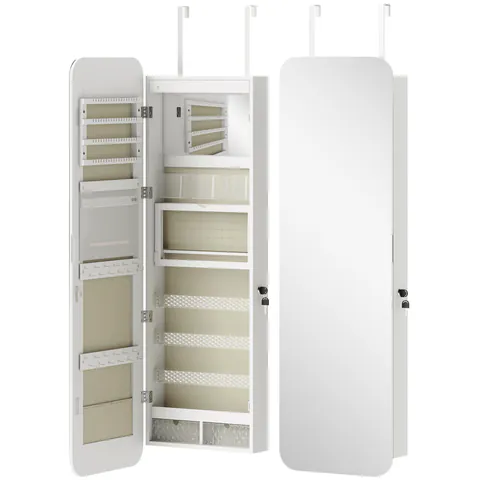 HOMCOM Oglindă pentru bijuterii cu lumină LED montată pe perete sau ușă cu încuietoare oglindă integrală 2 sertare Alb | Aosom Romania